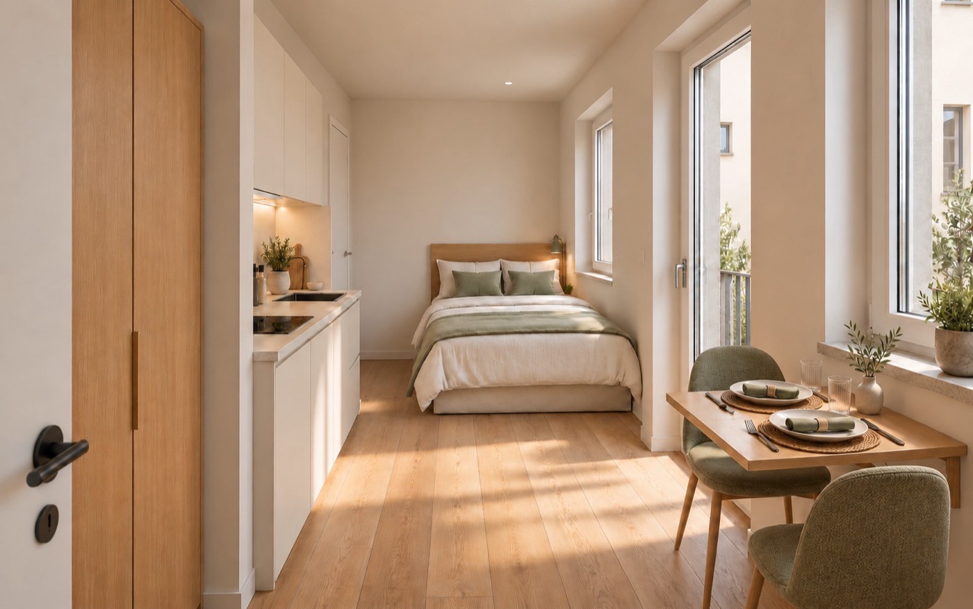 Render dell'interno tipologia Corte: cucina lineare, letto alla francese e tavolo ribaltabile