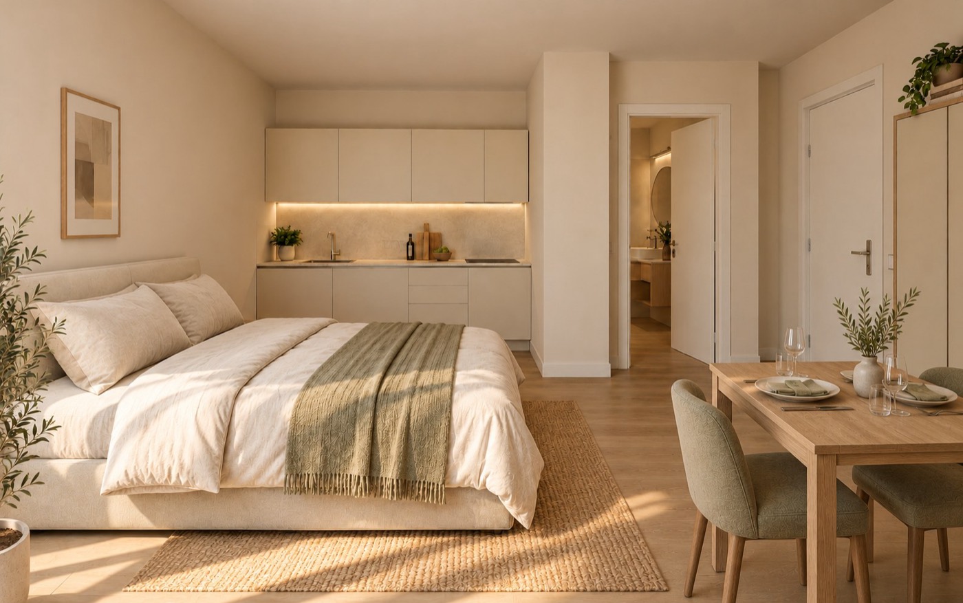 Render dell'interno tipologia Sempione: letto matrimoniale, cucina su misura e tavolo per due